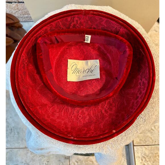 Womens Marche\' Exclusive Red Velvet Vintage Hat Rhinestone Trim Fitted Pill Box